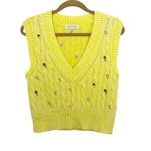 Free People Plumeria Floral Sweater Vest Cable Knit Embroidered Yellow - Size XS